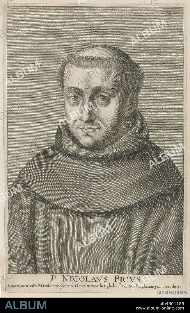 Portrait of Nicolaus Picus, Franciscan priest, theologian and named around 1568 the gardian of the Friars Minor Monastery of Gorinchem. One of the nineteen Martyrs of Gorcum. Print marked upper right: Fol. 105, Martyrs of Gorkum, Nicolaus Picus, Adriaen Lommelin, Antwerp, 1630 - 1677, paper, engraving, h 280 mm × w 175 mm.