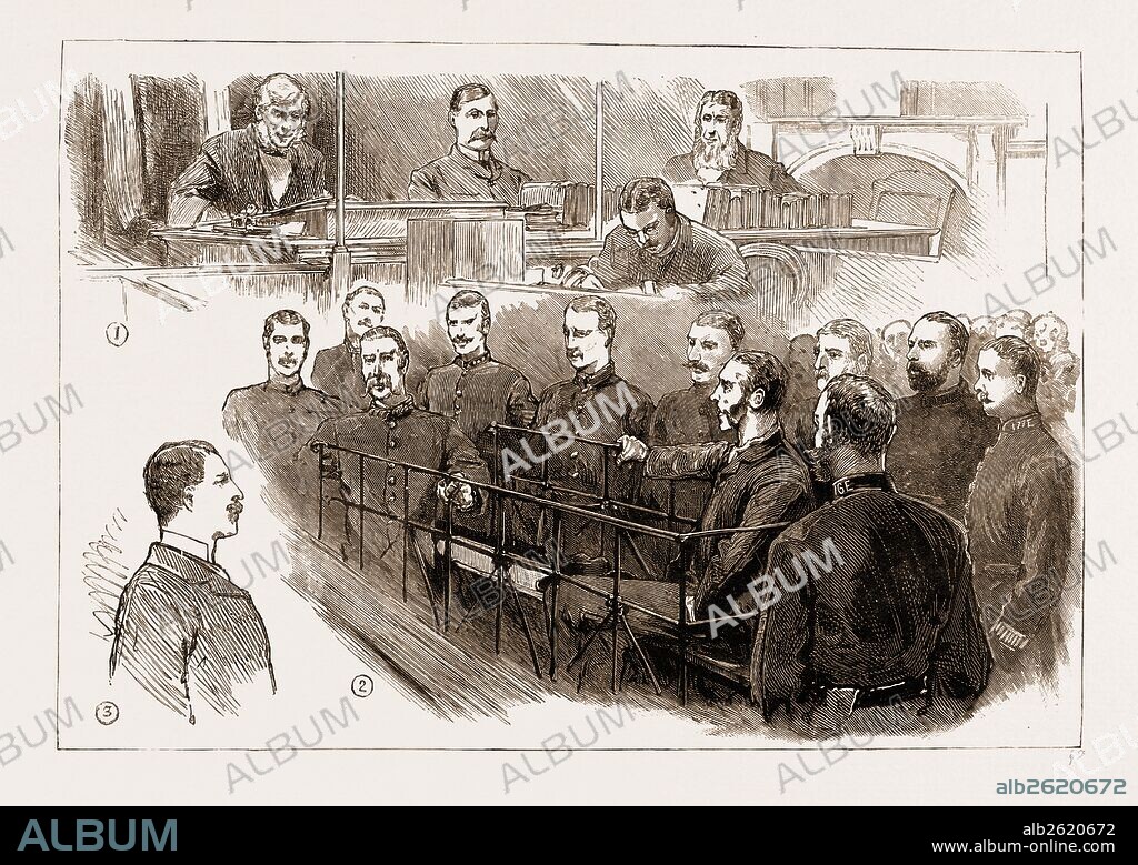 THE ASSASSINATION OF JAMES CAREY, ARRIVAL OF O'DONNELL IN LONDON: THE EXAMINATION OF THE PRISONER AT BOW STREET POLICE COURT, UK, 1883: 1. The Bench. 2. The Prisoner in the Dock. 3. Detective-Inspector Littlechild, in Charge of the Prisoner.