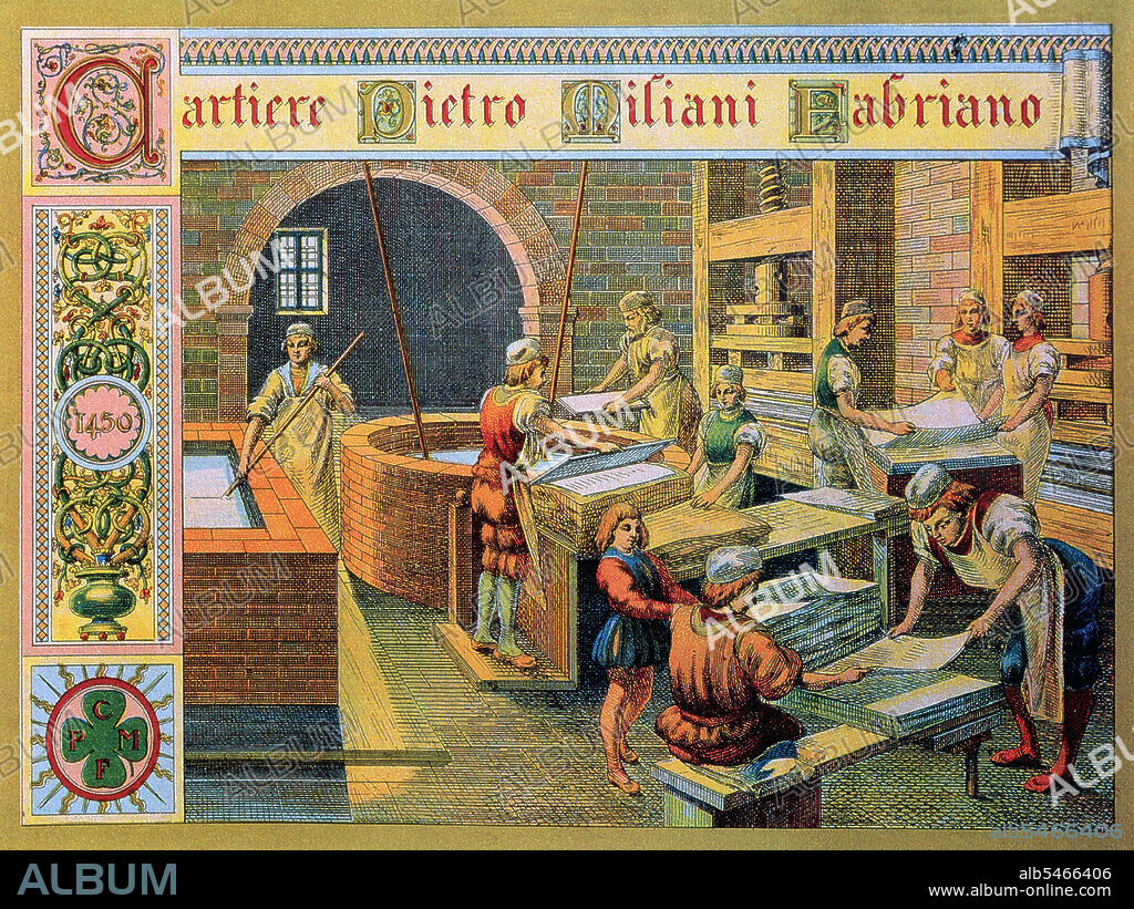 Fabriano in central Italy was the first European centre of paper-making, developed after 1296 CE. Miliani also introduced the watermark technique. The technology for pulping and pressing paper in this 15th century factory was not dissimilar to Chinese paper mills some 16 centuries earlier.