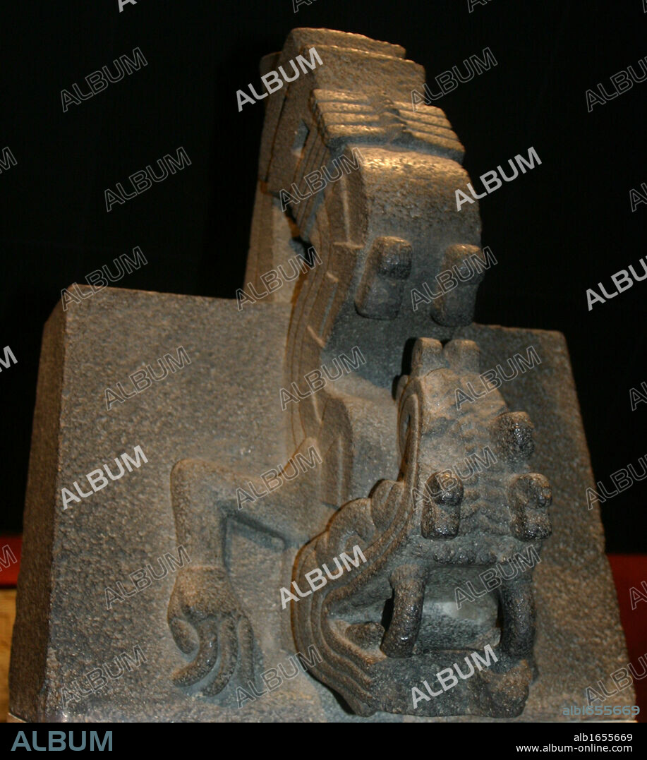 Stone figure of Xiuhcoatl, AD 1325-1521 From Mexico. The Fire Serpent Xiuhcoatl, played an important role in Mexica religion. with the head of a serpent, short legs finishing in claws and a curved snout.