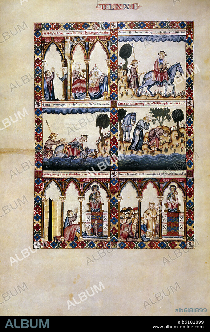 ALFONSO X DE CASTILLA EL SABIO. MTI1-CANTIGA STA MARIA Nº 171-F228V-MATRIMONIO PIERDE A HIJO EN EL RIO Y LO HALLAN VIVO EN EL ALTAR.