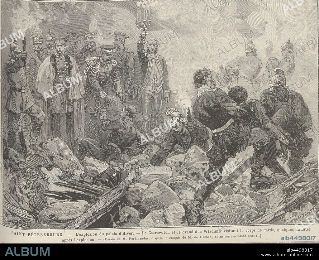 FRéDéRIC DE HAENEN. The Winter Palace after the explosion, evening of February 17, 1880. From "Le Monde Illustré".