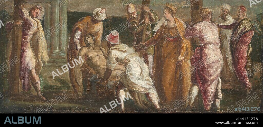 Saint Helen Testing the True Cross. Jacopo Robusti, called Tintoretto; Italian, 1518-1594. Date: 1540-1550. Dimensions: 21.5 × 48.9 cm (8 1/2 × 19 3/8 in.). Oil on canvas. Origin: Italy.