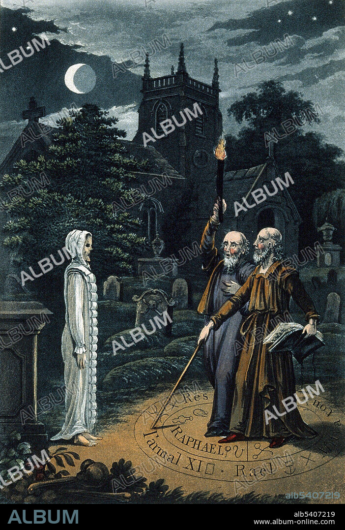 Edward Kelley, a magician, raising the ghost of a person lately deceased, in the church yard of Walton-le-Dale, Lancaster. Sir Edward Kelley (August 1, 1555 - November 1, 1597) was an ambiguous figure in English Renaissance occultism and self-declared spirit medium who worked with John Dee in his magical investigations. Besides the professed ability to summon spirits or angels on a crystal ball and claimed to possess the secret of transmuting base metals into gold. Kelley claimed angels communicated in a special "angelic" language called Enochian that was dictated to him by angels he claimed to see within a crystal ball. Legends began to surround Kelley shortly after his death and made him the source for the folkloric image of the alchemist-charlatan. No artist credited, undated.