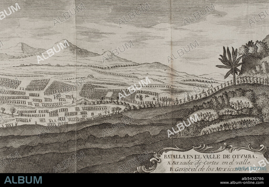Batalla en el valle de Otumba (7 de julio de 1520). Enfrentamiento entre fuerzas aztecas contra las tropas españolas lideradas por Hernán Cortés. Detalle de un grabado que representa a las fuerzas de Cortés en su bajada al valle donde se encontraba el general azteca. "Historia de la Conquista de México, población, y progresos de la América Septentrional, conocida por el nombre de Nueva España". Escrita por el cronista Antonio de Solís y Rivadeneryra (1610-1686). Tomo II. Edición editada en Barcelona y dividida en dos tomos, año 1771. Impresor del Rey: Thomas Piferrer. Biblioteca Histórico Militar de Barcelona. Cataluña, España.