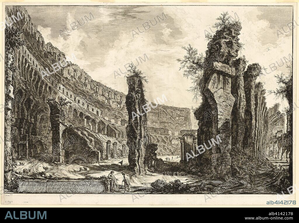 Interior view of the Flavian Amphitheater, called the Colosseum, from Views of Rome. Giovanni Battista Piranesi; Italian, 1720-1778. Date: 1766. Dimensions: 454 x 693 mm (image); 487 x 707 mm (sheet). Etching on ivory laid paper. Origin: Italy.