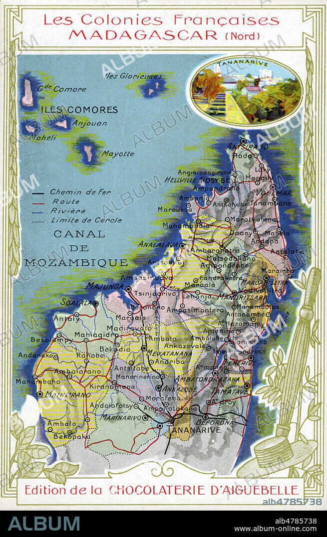 'Madagascar (nord)' : carte geographique et vue de Tananarive. Chromo vers 1900, serie sur les colonies francaises. Illustration anonyme. Credit : Collection IM/KHARBINE-TAPABOR.