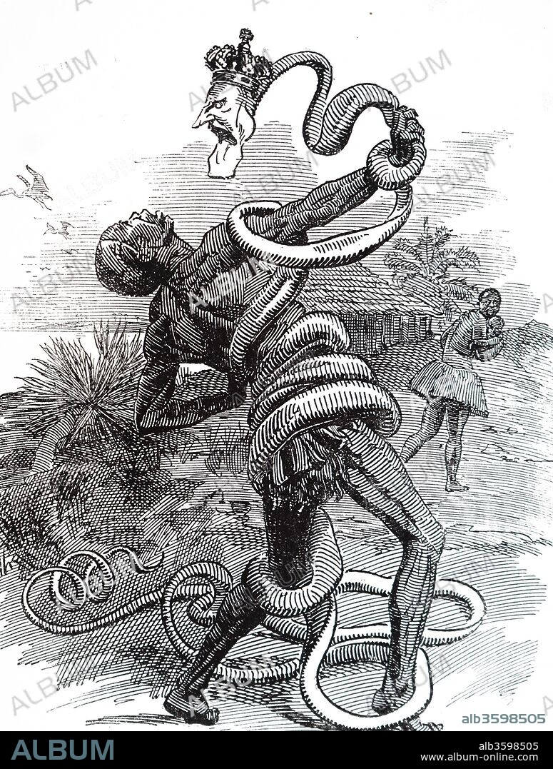 Satirical cartoon depicting King Leopold II of Belgium (1835-1909) squeezing his subjects in the Congo Free State (now Zaire) to death. After exposure to exploitation of local labour, in 1908 Belgium annexed the territory and conditions improved slightly from when it was under Leopold's personal rule and it was known as the Belgium Congo until independence. Dated 20th century.