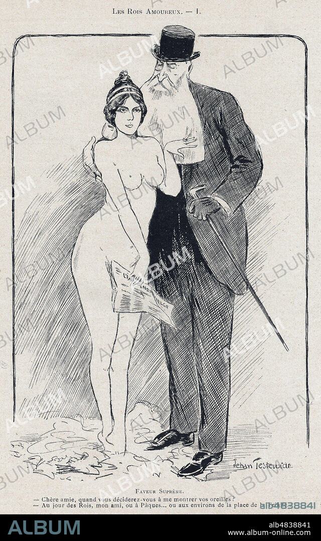 LEOPOLD II (1835-1909) a Cleo de MERODE (1875-1966). Caricature de Jehan TESTEVUIDE (1873-1922) pour sa serie 'Les rois amoureux' repris dans la revue Frou-Frou du 3 janvier 1903. Credit : Collection Kharbine-Tapabor.
