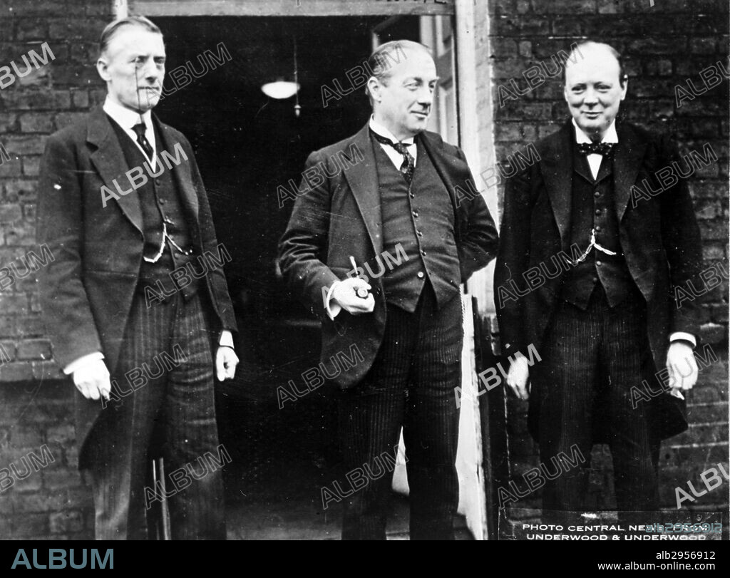 Photograph of British Politicians, Austen Chamberlain, Premier Stanley Baldwin and Sir Winston Churchill at Downing Street. Dated 1925.