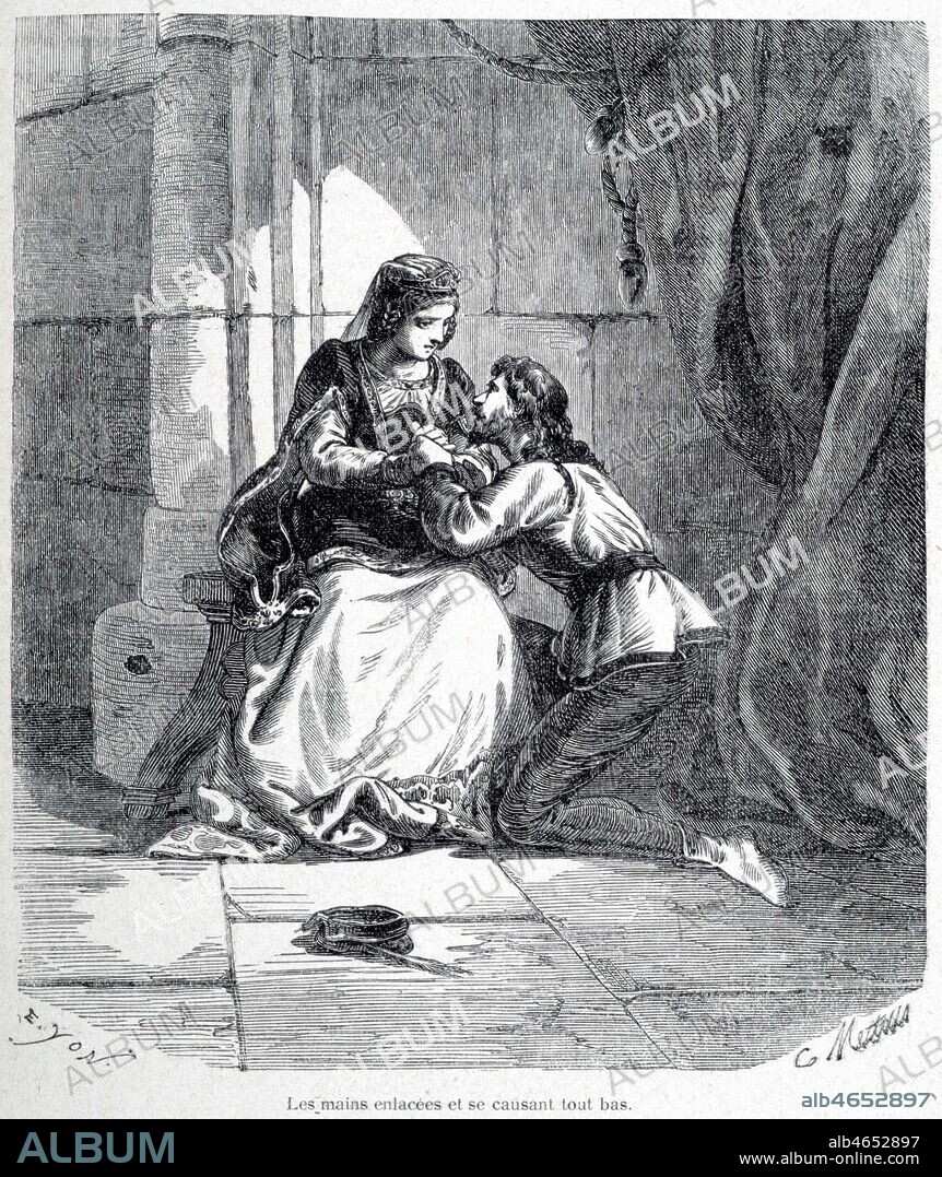 Robin des Bois : Marianne et Robin a ses genoux. gravure in Robin Hood le proscrit par Alexandre DUMAS. L'histoire de Robin des Bois a d'abord ete ecrite par Walter SCOTT, ce qui fit l'objet d'un proces entre les deux auteurs... Credit Collection Kharbine Tapabor.