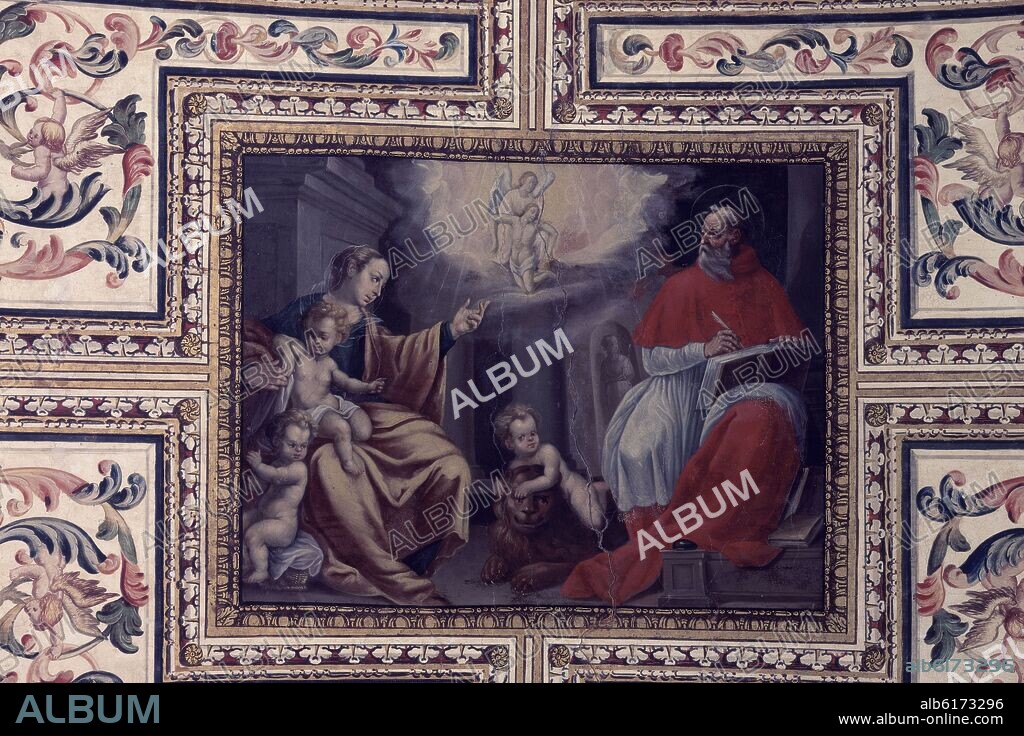 SACRISTIA-BOVEDA DE CAÑON-S XVII-DET S JERONIMO CON LA VIRGEN-PINTURA BARROCA.