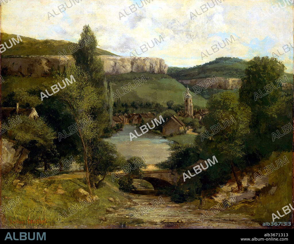 View of Ornans. Artist: Gustave Courbet (French, Ornans 1819-1877 La Tour-de-Peilz). Dimensions: 28 3/4 x 36 1/4 in. (73 x 92.1 cm). Date: probably mid-1850s.
This landscape, probably painted in the mid-1850s, stands at the beginning of a long series of views of the countryside of the artist's native town. It may be identified by the distinctive church steeple that rises above the cluster of houses along the banks of the river Loue. The cliff in the distance is the Roche du Mont. The bridge has traditionally been identified as that of the town of Scey-en-Varais, located a few miles downstream from Ornans.