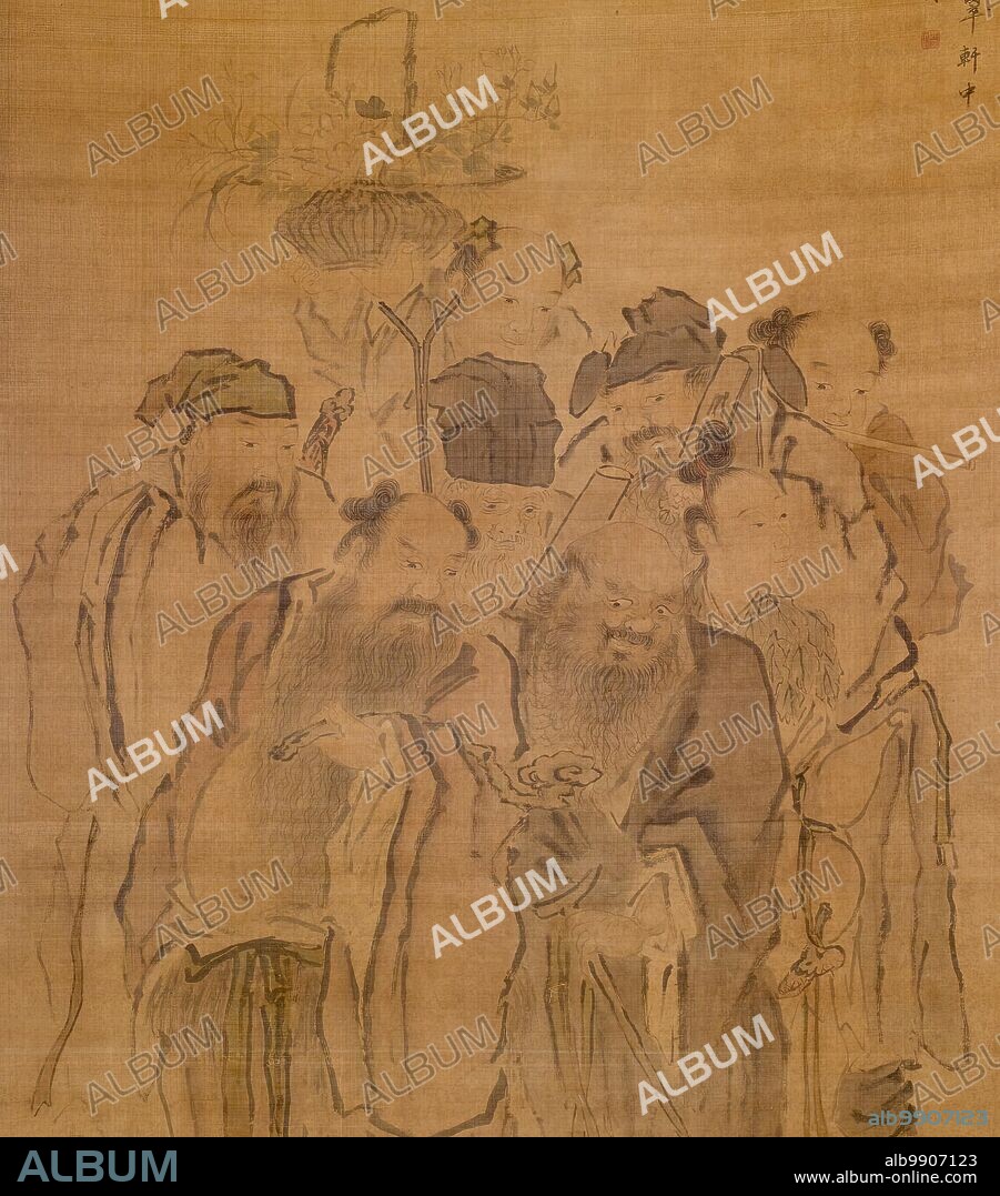 The Eight Immortals, 1813. Zhu Wenxin has painted the standard group of eight immortals, all of them people who have lived in historical times and have acquired magical powers. Clockwise from the top, they are Lan Caihe, with a flower basket; Cao Guojiu, with castanets; Han Xiangai, with a flute; He Xian'gu, a woman who lived on mother-of-pearl powder and moonbeams; Li Tieguai, with an iron crutch; Zhongli Quan, with a scepter; Lü Dungbin, with a pill and sword; and, finally, in the center, Zhang Guolao, who holds a bamboo tube.