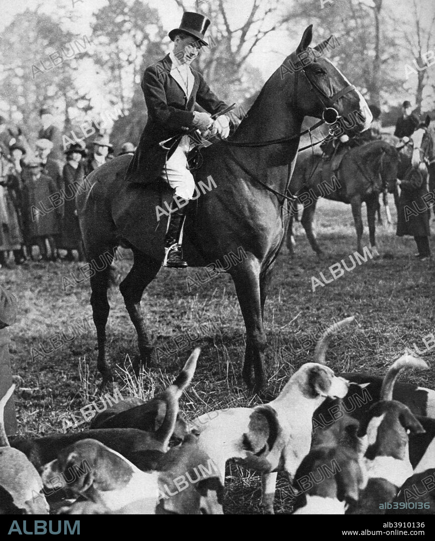 The Prince of Wales with the Beaufort Hunt, 1923. The future King Edward VIII during a fox hunt. Illustration from George V and Edward VIII, A Royal Souvenir, by FGH Salusbury, a souvenir book published as Edward VIII was crowned following the death of his father, George V, (Daily Express Publication, London, 1936).