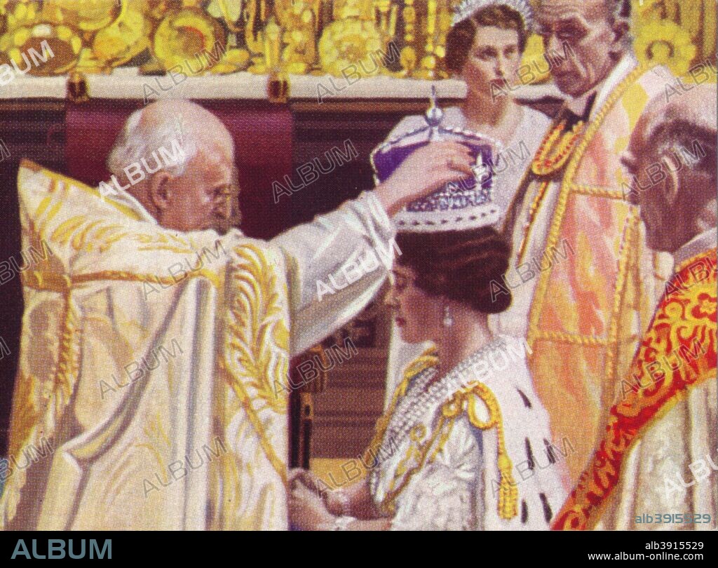 The Coronation of Queen Elizabeth, 12 May, 1937. Queen Elizabeth (1900-2002) was the Queen Consort of George VI (1895-1952). From The Pageant of Kingship cigarette card series, issued by Peter Jackson Ltd., 1937.