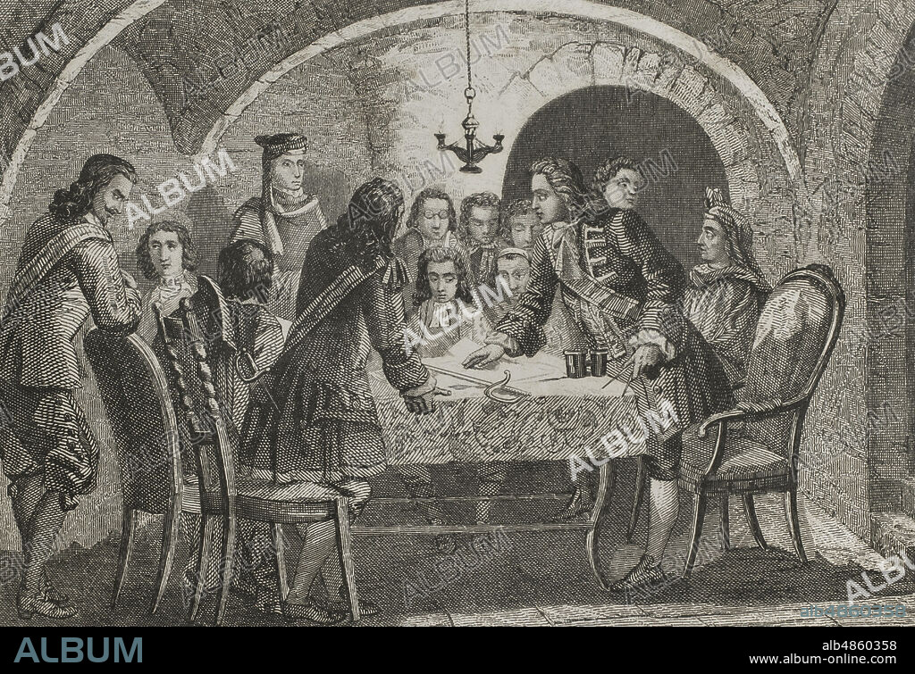 Guerra de Sucesión Española. Sitio de Barcelona por las tropas bórbonicas de Felipe V (1714). Junta de gobierno de la veinticuatrena. Los miembros de la junta de los veinticuatro dependían del Consejo de Ciento de Barcelona y tomaban decisiones para la defensa de la ciudad. En febrero de 1714 la Generalitat transfirió todos los poderes militares al Consejo de Ciento. Una sesión de la Veinticuatrena de Guerra durante el sitio de Barcelona. Ilustración por Urrabieta. Historia de Cataluña y de la Corona de Aragón, por Victor Balaguer. Barcelona,1863.