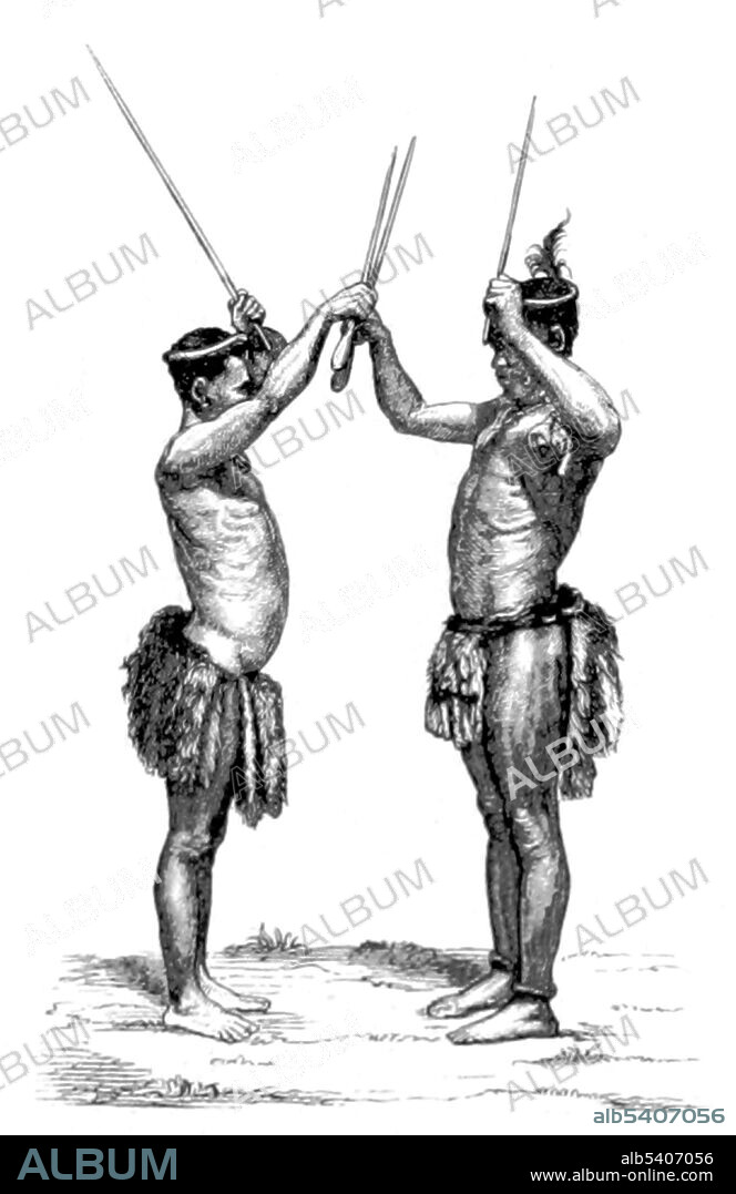 In Zulu culture boys are given a pet name when they are born, another name from his father when he is seven, another nickname from his herd-boy friends and finally another name should he enter one of the amabutho (regiments). The boys are expected to look after the family's herds, leaving home each morning, returning for the daily milking and breakfast before taking the herd out again for the afternoon. One of their pastimes is stick fighting as preparation for entering military service. The fighting is done either with a shield in one hand and a stick in the other or with a stick in each hand. Such sticks are of hardwood and and can land a painful blow. At the age of fifteen, young boys will receive their very own spear from their fathers before the next step, which is carrying their elder brothers' accoutrements to military camps. Image taken from page 163: Die Eingeborenen Su¨d-Afrika's ethnographisch und anatomisch beschrieben by Gustav Fritsch, 1872.