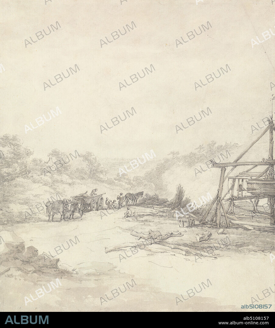 Unloading Pit Props at Coalbrookdale, Thomas Hearne, 17441817, British, after 1790, Graphite and gray wash on medium, slightly textured, cream wove paper, Sheet: 8 1/2 x 7 1/2 inches (21.6 x 19.1 cm), carts, coal, coal mine, coal pits, genre subject, horses (animals), labor, loading, logs, men, mine, pit props (coal mining), props, resting, smoke, trees, unloading, wagons, working, Coalbrookdale, England, Europe, Shropshire, United Kingdom.