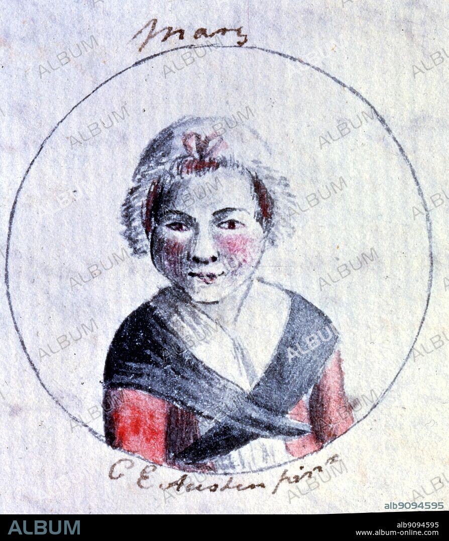 Mary. Watercolour sketches by Cassandra Austen: One of six sketches for Jane Austen's History of England, 1790. Cassandra Austen, was the elder sister of Jane Austen (1775-1817), to whom she was very close.