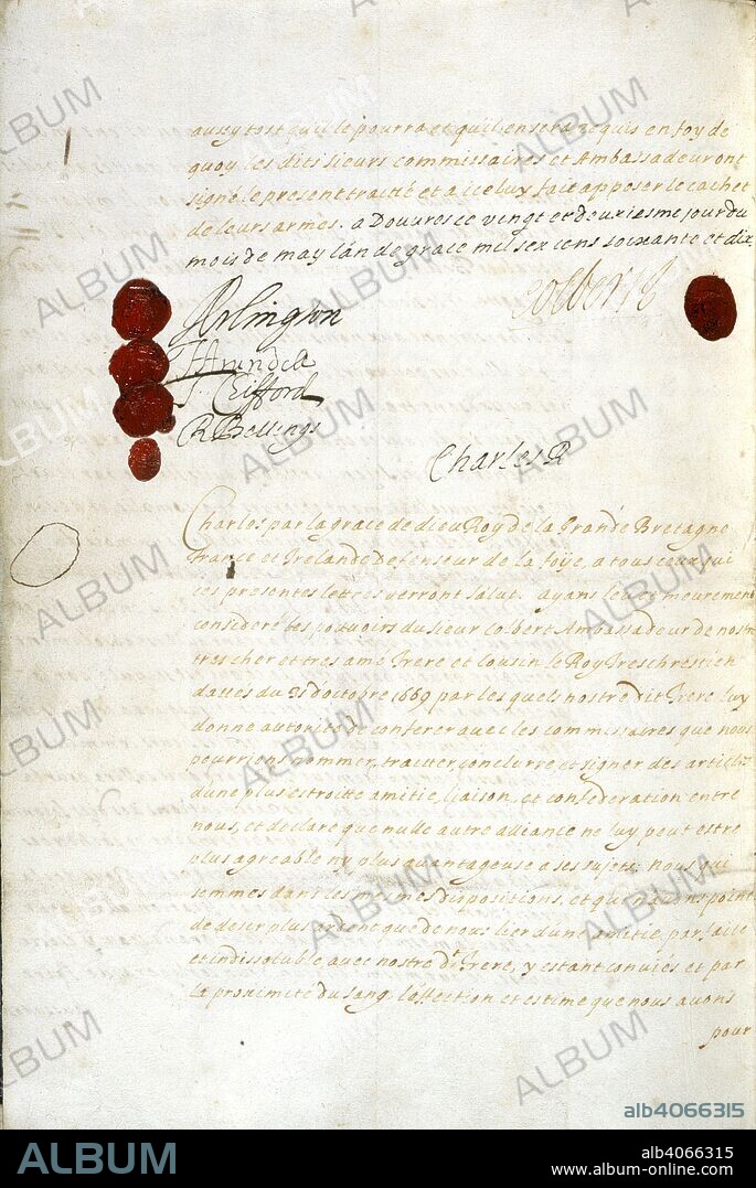 Secret Treaty of Dover. Clifford Papers. England [Dover]; 1670. (Whole folio) The Secret Treaty of Dover, by which King Charles II agreed to declare himself a Roman Catholic and engage in a war against the Dutch, in return for a subsidy from King Louis XIV. With signature of Charles II. In the hand of Sir Richard Bellings, secretary to Queen Catherine of Braganza. Signed and sealed by Lord Arlington, Lord Arundell, Lord Clifford, Sir Richard Bellings, and Charles Colbert. Dated 22 May 1670  Image taken from Clifford Papers.  Originally published/produced in England [Dover]; 1670. . Source: Add. 65138, f.91v. Language: French.