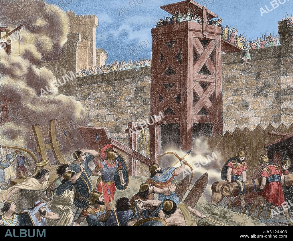 The Siege of Saguntum (219 B.C.). The battle took place between the Carthaginians, leaded by Hannibal Barca (247-183 B.C.) and the Saguntines at the Roman Hill town of Saguntum. This battle triggered  the Second Punic War (218-201 B.C.). Colored engraving.