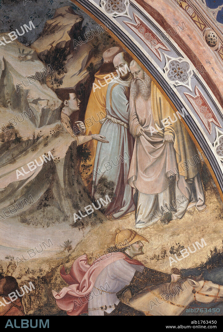 Episode No. 6 of the Stories of St James. Liberation of the Companions of St James, by Altichiero da Zevio, Jacopo Avanzi, 1372-1379 about, 14th Century, fresco,. Italy, Veneto, Padua, SantAntonio di Padova Basilica, San Giacomo Chapel. Detail. The disciples of St James top right. After restoration. Episode 6 of Stories of St James Pursuit and Liberation of the Companions of St James.
