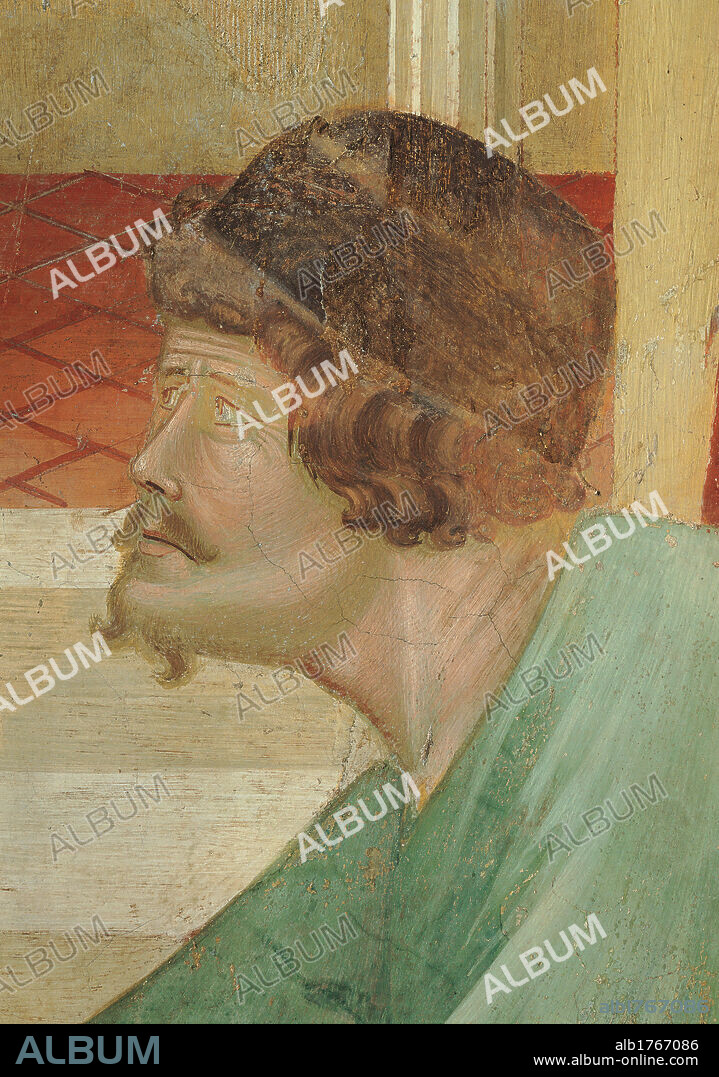 The Homage of the Simple Man, by Giotto, 1300-1305 about, 14th Century, fresco, cm 270 x 230. Italy, Umbria, Perugia, Assisi, Upper Basilica of San Francesco, nave. Detail. Face profile man hat headdress headgear beard moustache floor.
