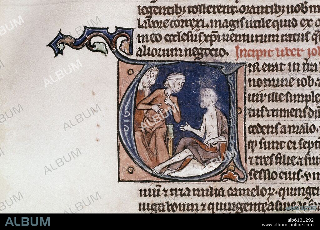BIBLIA S XIII- MS 559 - LETRA V-  PAGINA 313V- JOB CAE ENFERMO DE UN ULCERA MALIGNA-.