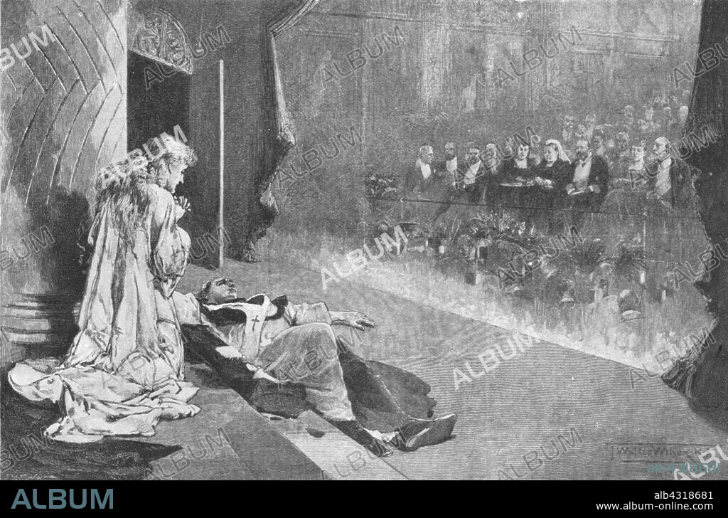 J WALTER WILSON. 'Henry Irving and Ellen Terry in Tennyson's "Becket" at Windsor Castle', 1893, (1901). Actors Henry Irving (as Thomas Becket) and Ellen Terry (as Rosamund) performed in "Becket" by Alfred Lord Tennyson, in front of Queen Victoria on 18 March 1893. From "The Illustrated London News Record of the Glorious Reign of Queen Victoria 1837-1901: The Life and Accession of King Edward VII. and the Life of Queen Alexandra". [London, 1901].