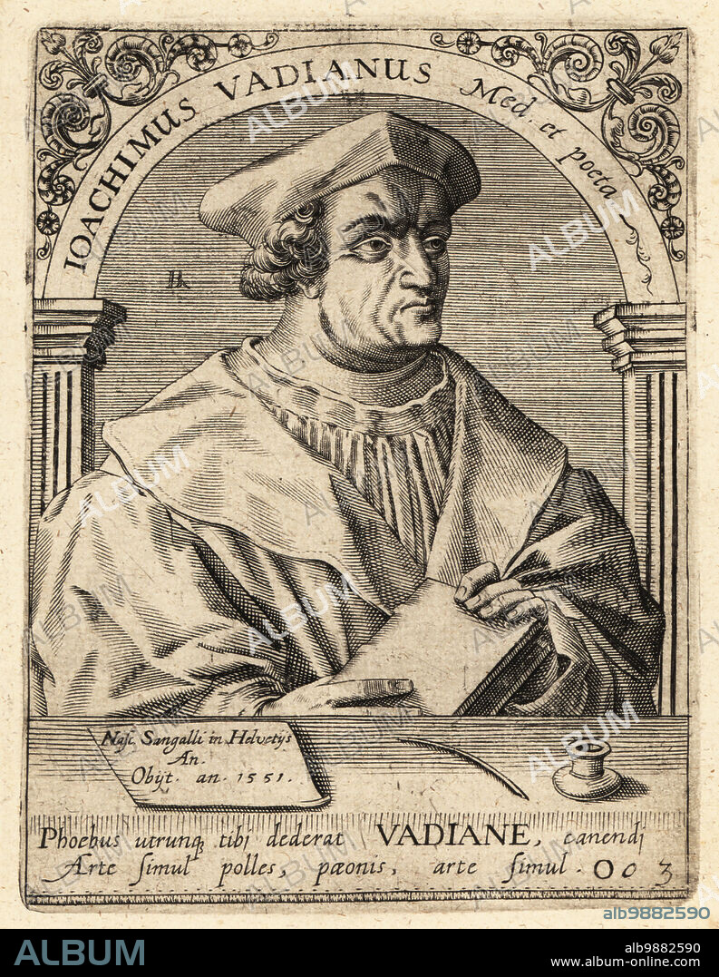 Joachim Vadian or Joachim von Watt, Swiss humanist, scholar, mayor and reformer in St. Gallen, 1484-1551. Joachimus Vadianus Medicus et Poeta. Copperplate engraving by Johann Theodore de Bry from Jean-Jacques Boissards Bibliotheca Chalcographica, Johann Ammonius, Frankfurt, 1650.