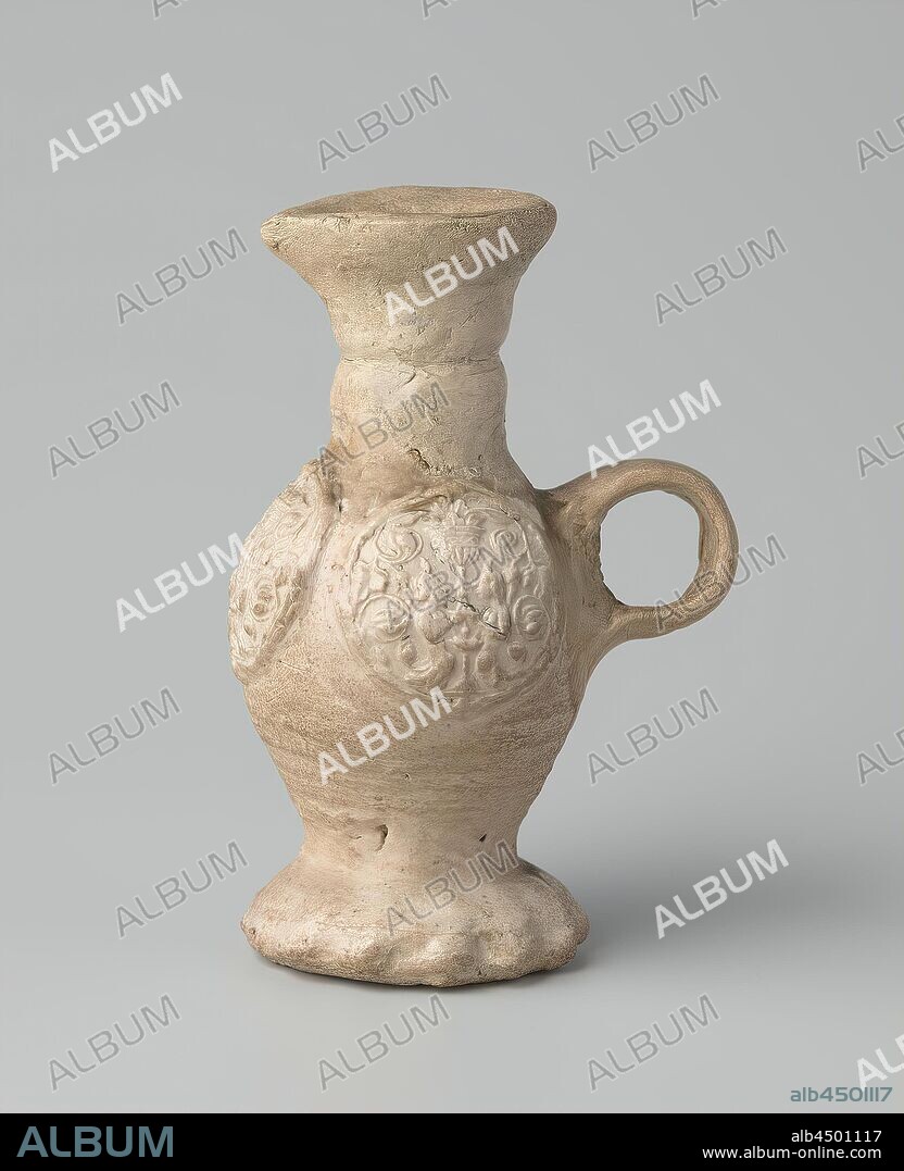Beaker 'trichternal becher' with medallions, Beaker (funnel neck cup) of stoneware with a wavy foot and egg-shaped body with funnel-shaped neck with spout. The C-shaped ear is attached to the shoulder and abdomen. On the belly in relief three times a medallion with a cup carried by two figures surrounded by aisles. Rotating rings on the body. Neck and ear have been restored. Siegburg., Anno KnÃ¼tgen (attributed to workshop of), Siegburg, c. 1560 - c. 1590, stoneware, glaze, vitrification, h 13.3 cm d 5.1 cm d 6.7 cm d 6.2 cm w 8.9 cm.