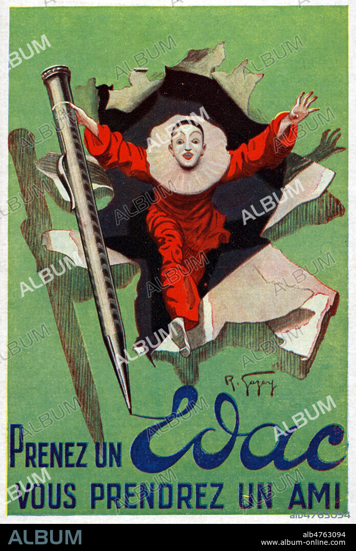 Publicite Stylo EDAC, annees 20. Pierrot. Carte postale publicitaire, debut 20eme siecle. Cerdit : IM/KHARBINE TAPABOR.