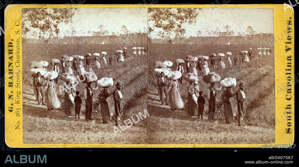 Laborers returning at sunset from picking cotton, on Alexander Knox's plantation, Mount Pleasant, near Charleston, S.C. Slavery in the United States was the legal institution of chattel slavery that existed in the United States of America in the 18th and 19th centuries. After the Revolutionary War, abolitionist laws and sentiment gradually spread in the Northern states, while the rapid expansion of the cotton industry from 1800 led to the Southern states to depend on slavery as integral to their economy. By 1850, the South was exporting over one million tons of cotton annually to the hungry textile mills of England. Cotton was king in the South and its increased labor demands invigorated the institution of slavery. By the beginning of the Civil War over 3 million slaves tilled the South's soil. Stereograph card George N. Barnard, 1860s.