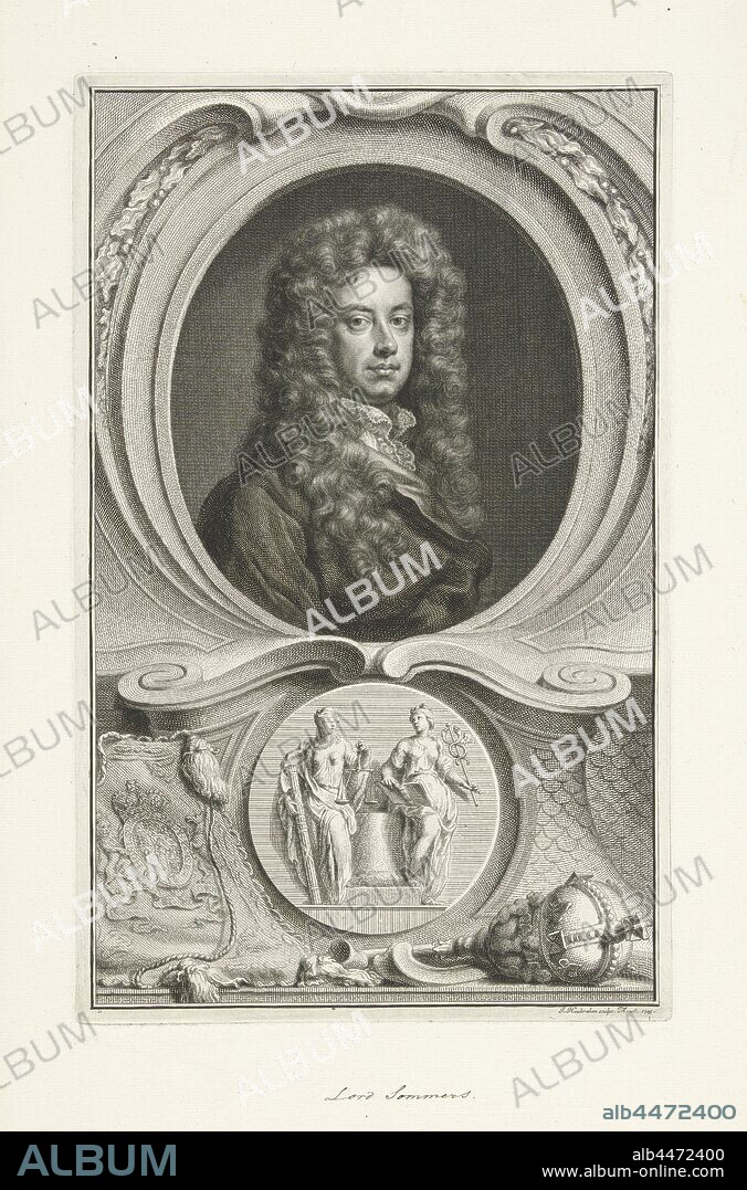 Portrait of John Somers, Portrait of the English lawyer John Somers, 1st Baron Somers. Below the portrait the personification of justice and an allegorical female figure with a book and a staff curled with winged snakes (caduceus), as a personification of eloquence and reason., Justice, 'Justitia', 'Giustitia divina' (Ripa), one of the Four Cardinal Virtues, John, 1st Baron Somers Somers, Jacob Houbraken (mentioned on object), Amsterdam, 1745, paper, pen, h 355 mm × w 222 mm.