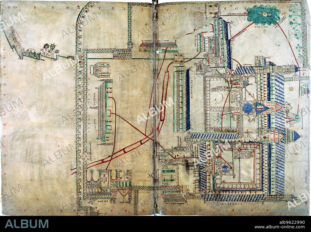 Plan of the water supply system to Canterbury Cathedral, c1150. The cathedral complex was supplied by five springs outside city. Water pipes are red lines on the plan, and fish ponds are shown at top right. From the Eadwine Psalter.