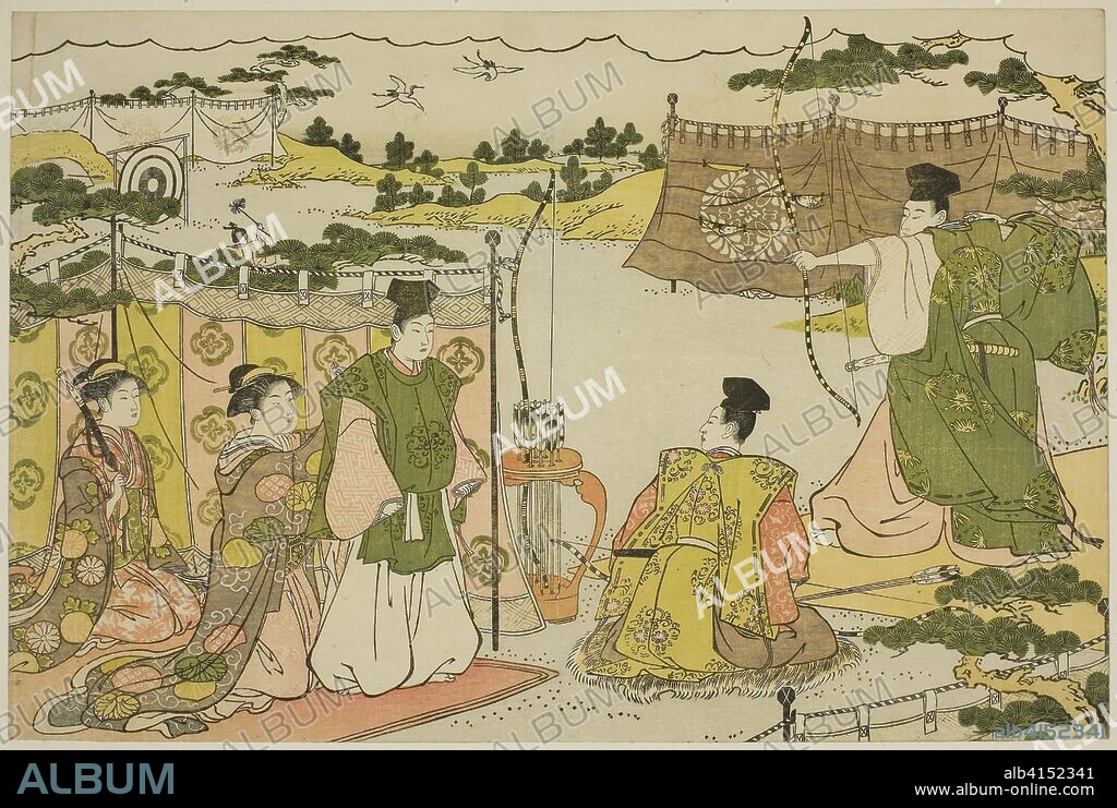 The First Archery Practice of the New Year (Yumi hajime), from the illustrated book "Colors of the Triple Dawn (Saishiki mitsu no asa)". Torii Kiyonaga; Japanese, 1752-1815. Date: 1782-1792. Dimensions: 25.2 x 38.0 cm. Color woodblock print; oban, page from an illustrated book. Origin: Japan.