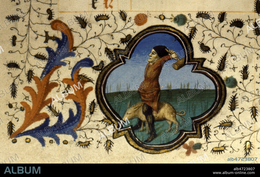 Decembre : le paysan tue le cochon. Enluminure tiree d'un livre d'Heures dit Lescalopier, datant du 15eme s. Manuscrit medieval conserve a la bibliotheque municipale d'Amiens. Credit : Collection JEAN VIGNE / KHARBINE-TAPABOR.