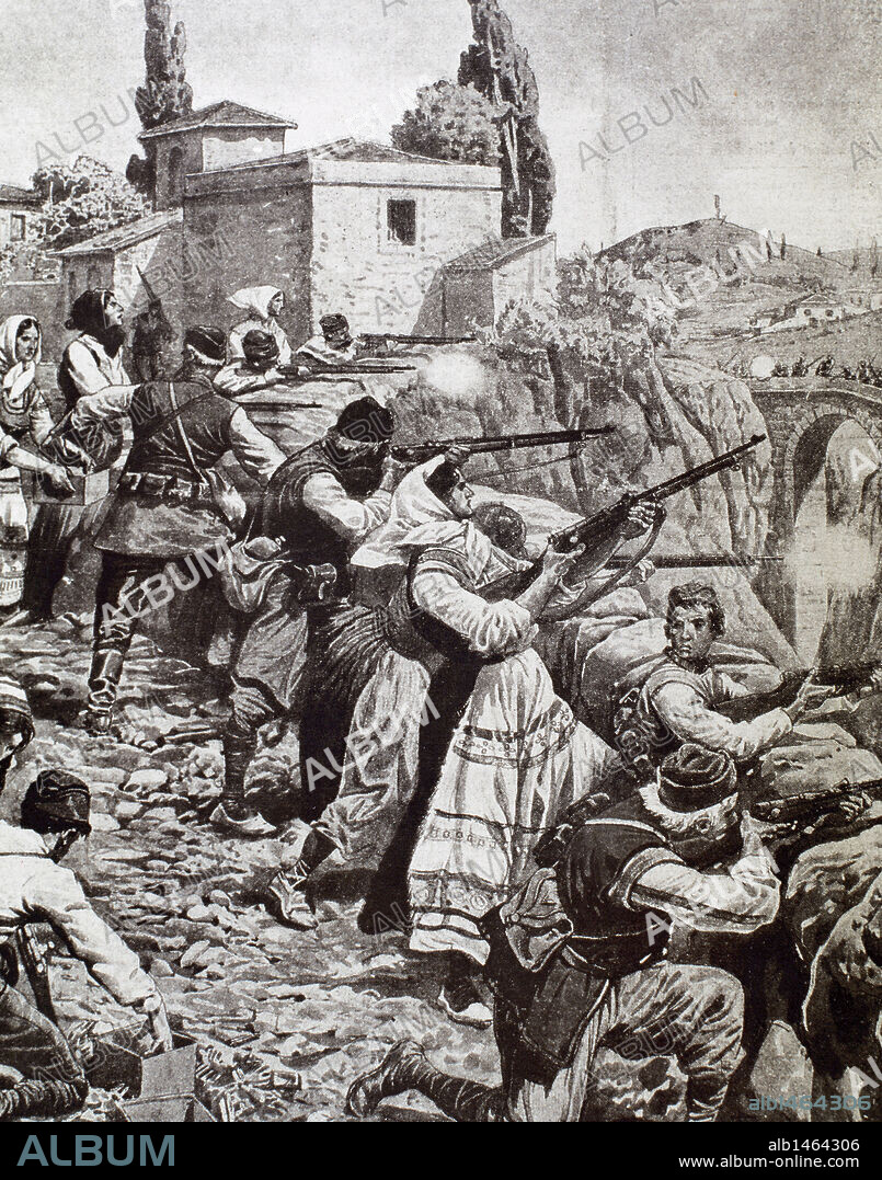 PRIMERA GUERRA MUNDIAL (1914-1918). "HABITANTES DE UN PUEBLO DE SERBIA LUCHANDO CONTRA LAS TROPAS INVASORAS AUSTRIACAS" (año 1914). Dibujo.