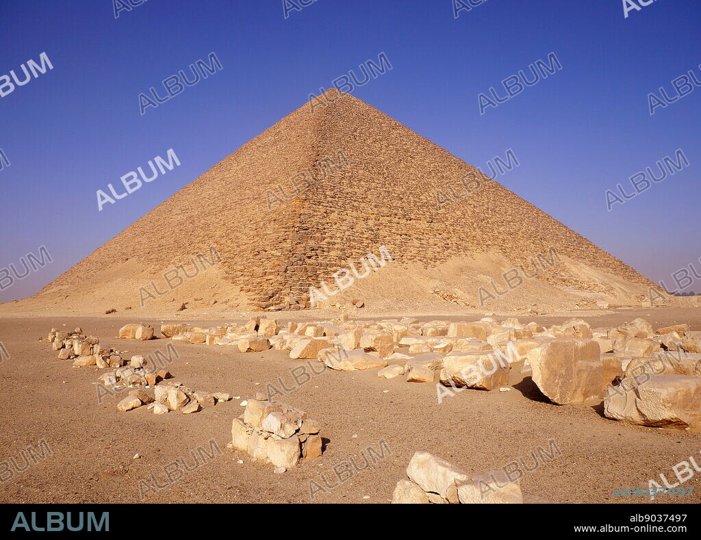 The Red Pyramid, (North Pyramid), is the largest of the three major pyramids located at the Dahshur necropolis in Cairo, Egypt. Named for the rusty reddish hue of its red limestone stones, it is also the third largest Egyptian pyramid, after those of Khufu and Khafra at Giza. It is also believed to be Egypt's first successful attempt at constructing a "true" smooth-sided pyramid. The Red Pyramid was the third pyramid built by Old Kingdom Pharaoh Sneferu, the founding monarch of the 4th dynasty during the Old Kingdom. suggesting a reign from around 2613 BC to 2589 BC.