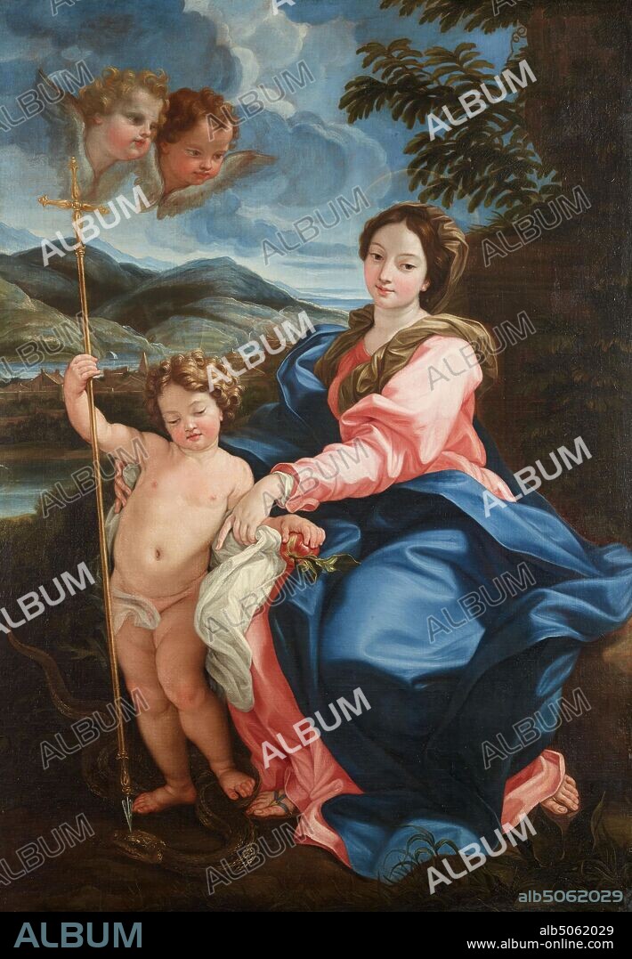 Madonna with Child piercing the Head of the Serpent ('Madonna della Serpe'), 1697-98 Giovanni Battista Gaulli, Oil Painting, 17th Century, Old Master, Child, Religion, Virgin Mary, Animal, snake, cherub.