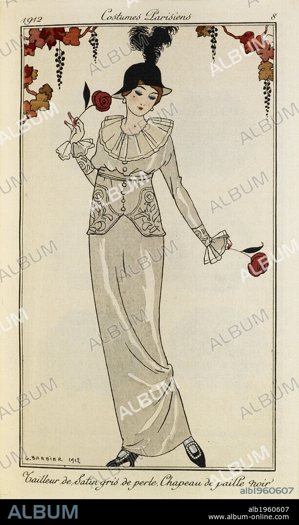 GEORGE BARBIER. 'Tailleur de Satin gris de perle. Chapeau de paille noir'. Costumes Parisiens no.8. Woman wearing a pearl grey satin dress and a black straw hat, with a feather. She holds a rose in each hand. Journal des Dames et des Modes. 1912. Colour plate / illustration. Pochoir. Fashion. Source: P.P.5242.dc, volume I, pl.8, opposite p.32. Language: French.