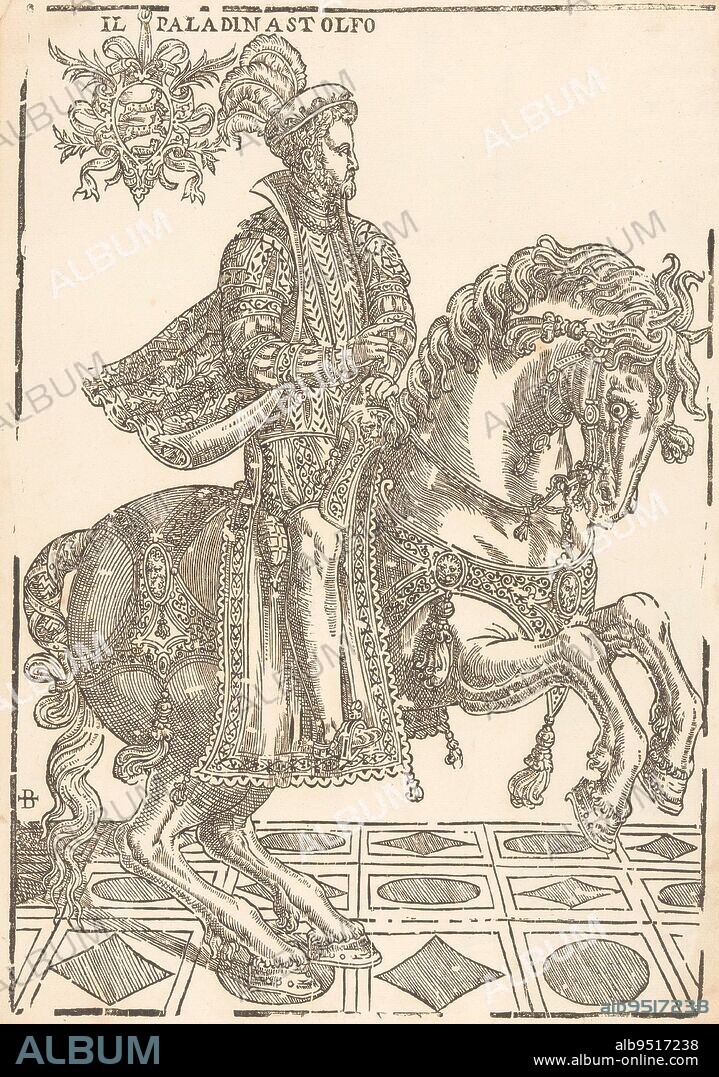 The paladin Astolfo, a character from Ludovico Ariosto's epic 'Orlando Furioso', sitting on his horse named Rabicano Top left a coat of arms, Astolfo on horseback Il paladin Astolfo , print maker: Giovanni Britto, (mentioned on object), Italy, c. 1510 - after 1550, paper, h 412 mm × w 294 mm.