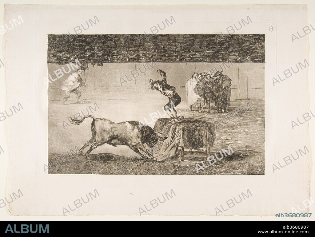 Plate 19 of the 'Tauromaquia': Another madness of his in the same ring. Artist: Goya (Francisco de Goya y Lucientes) (Spanish, Fuendetodos 1746-1828 Bordeaux). Dimensions: Plate: 9 1/2 × 13 3/4 in. (24.2 × 35 cm)
Sheet: 11 15/16 × 17 3/16 in. (30.3 × 43.6 cm). Date: 1816.