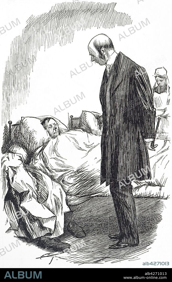 Cartoon titled 'disappointment in store' depicts a man on his death bed being visited by his physician. Dated 19th century.