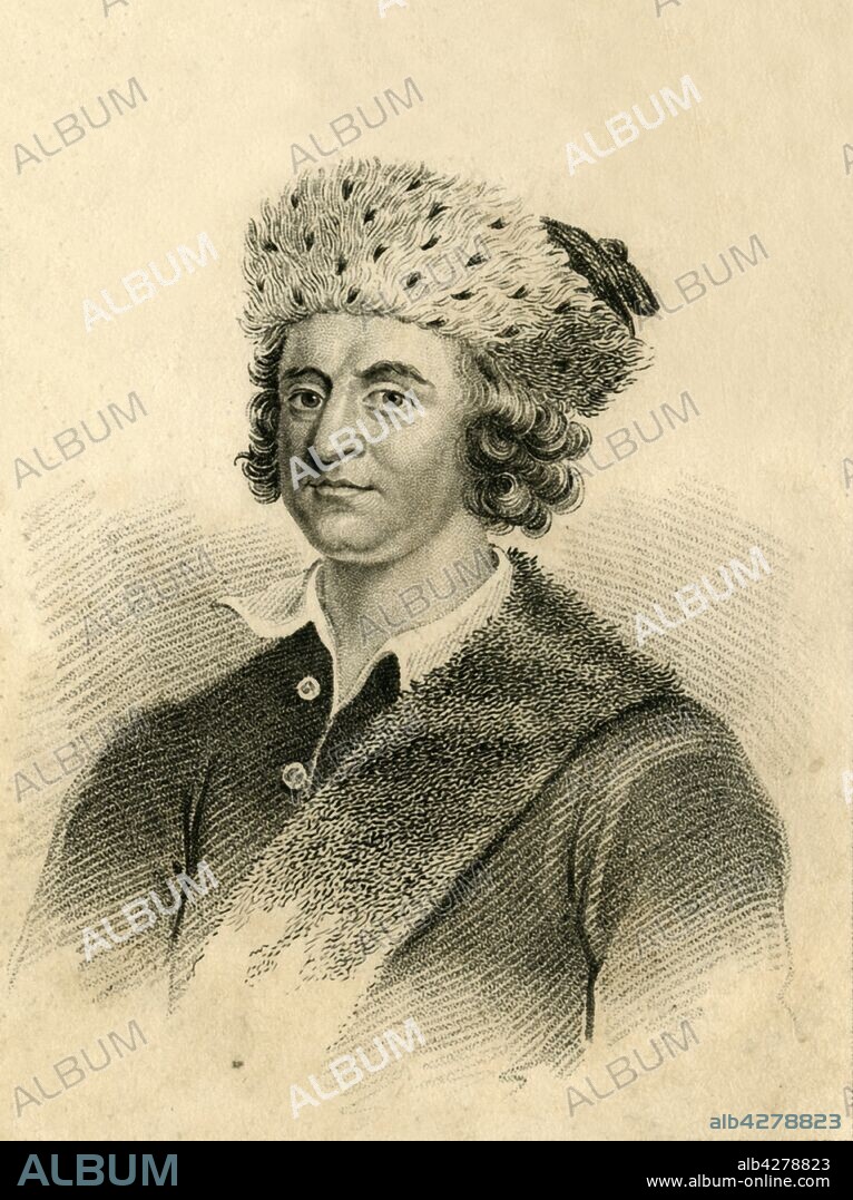 R PAGE. 'Bampfylde Moore Carew - King of the Beggars', 1821. Portrait of Bampfylde Moore Carew (1693-1759), English rogue, vagabond and impostor. He apparently 'had the dexterity to defraud a lady near Taunton of twenty guineas, under the pretext of discovering to her, by his skill in astrology, a hidden treasure.' Carew was convicted of vagrancy and transported to Maryland. He eventually made his way back to England and settled down after winning a lottery. He claimed to be King of the Beggars, and was also known as King of the Gypsies. Carew became famous from his memoirs, in which he describes himself as the Noted Devonshire Stroller and Dogstealer. From "Wonderful Characters: Comprising Memoirs and Anecdotes of the Most Remarkable Persons of Every Age and Nation", Vol. I, by Henry Wilson. [J. Robins and Co. Albion Press, London, 1821].