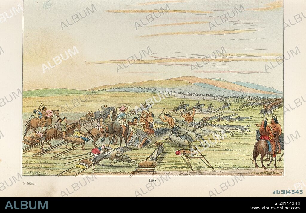 Comanche village on the move: women dismantling teepees and preparing to move encampment by dragging baggage behind horses and dogs. Handcoloured lithograph from George Catlin's Manners, Customs and Condition of the North American Indians, London, 1841.