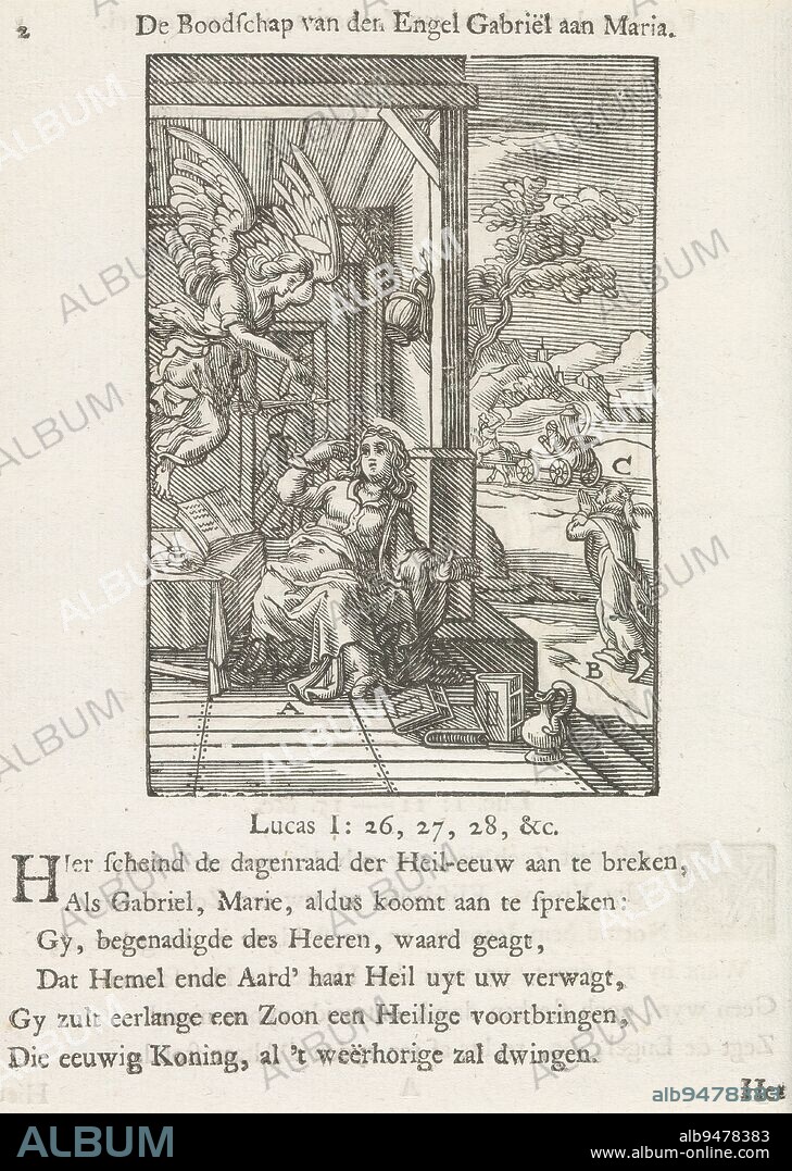 Phillippus is sent by an angel to a eunuch, Annunciation, The message of the angel Gabriel to Mary (title on object), An angel appears before Philip and sends the apostle to the deserted road between Jerusalem and Gaza. Used here as a depiction of the annunciation. Above the representation a title. Below, six verses and a reference to Luke 1: 26-28. The print is part of an album., print maker: Christoffel van Sichem (II), (mentioned on object), after print by: Philips Galle, after design by: Maarten van Heemskerck, print maker: Amsterdam, after print by: Antwerp, publisher: Amsterdam, in or after 1629 - in or before 1646 and/or 1740, paper, letterpress printing, height 110 mm × width 76 mm, height 168 mm × width 135 mm.