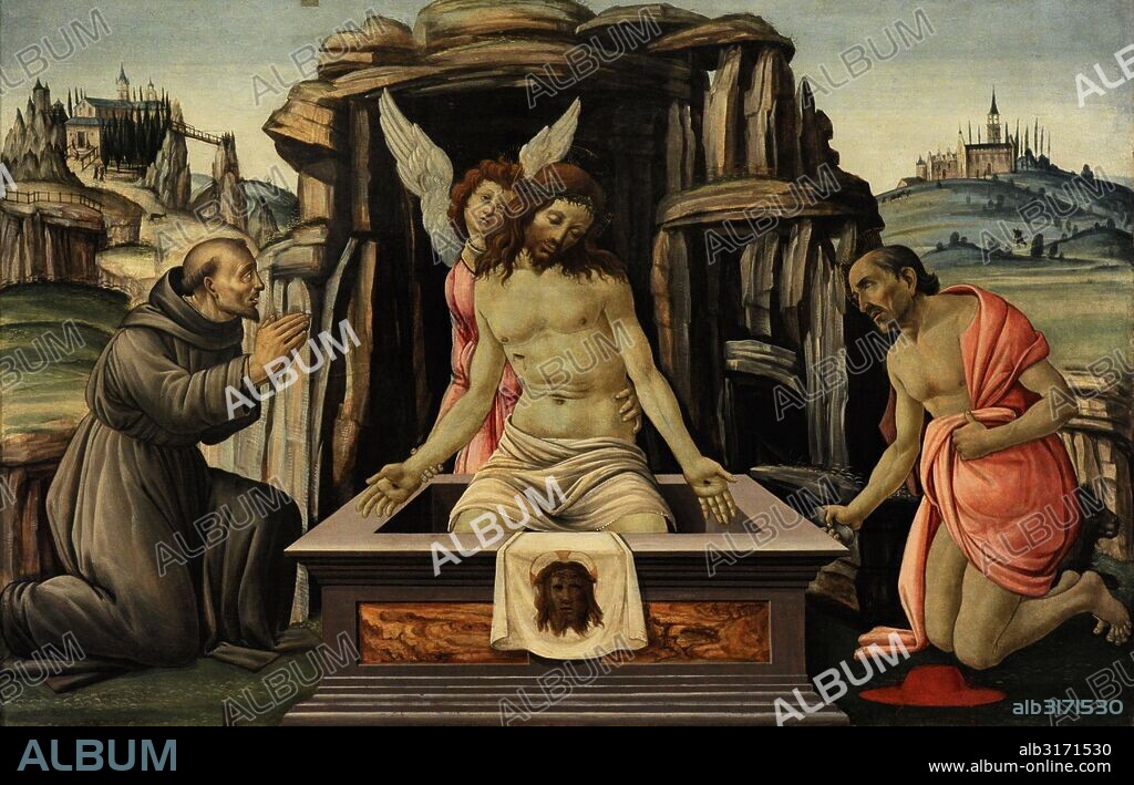 Jacopo del Sellaio (1442-1494). Pintor italiano. Escuela Florentina. Lamentación sobre Cristo Muerto con los Santos Francisco y Jerónimo. Museo del Hermitage (The State Hermitage Museum). San Petersburgo. Rusia.