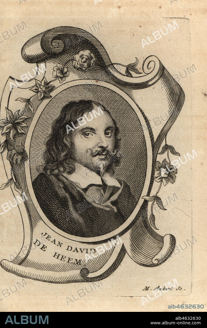 Portrait of Jan Davidsz. de Heem, Dutch still life painter 1606-1684. Jean David de Heem. Copperplate engraving by M. Aubert from Antoine-Joseph Dezallier dArgenvilles Abrege de la vie des plus fameux peintres, Lives of the most Famous Artists, de Bure lAine, Paris, 1762.